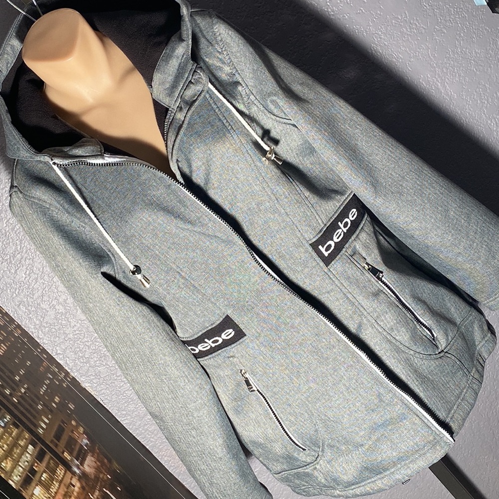 BEBE - tunic jacket: grey lined utility l/s hooded flared w pockets & logos - XL